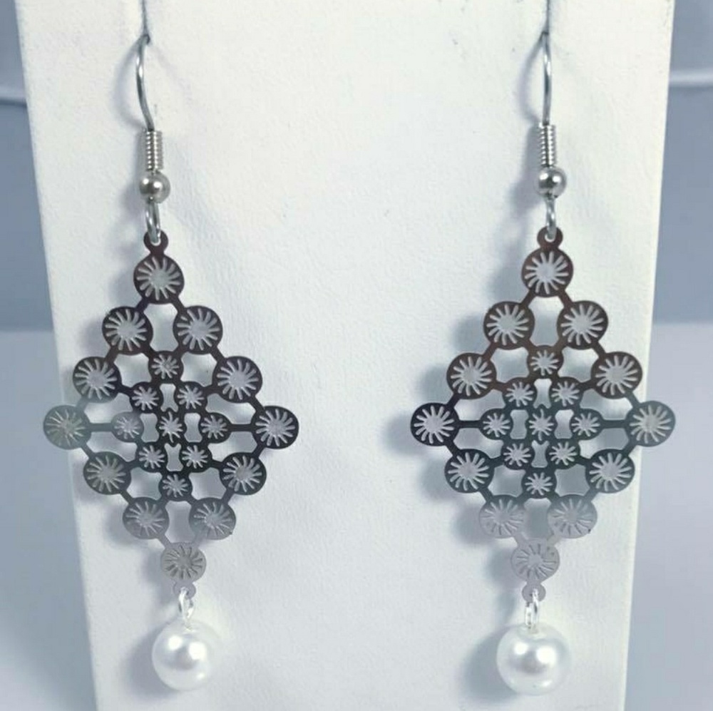 Handmade Diamond Etched Earrings with White Pearl